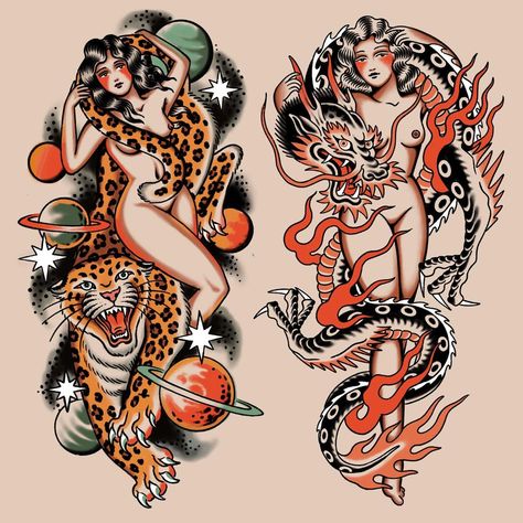 Gem Carter on Instagram: “Couple of ladies looking for homes, ideally big on a thigh or calf. I’d love to tattoo either one of these at @bristoltattooconvention next…” Traditional Thigh Tattoo, Traditional Back Tattoo, Traditional Tattoo Woman, Traditional Tattoo Drawings, Backpiece Tattoo, Traditional Tattoo Flash Art, Traditional Tattoo Inspiration, Traditional Style Tattoo, Old School Tattoo Designs