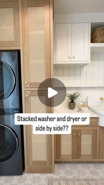 Our #rosemaryproject laundry room! We chose a stacked washer and dryer for space, but what do you prefer? 🤍🤎 Laundry Room Cabinets With Stackable Washer And Dryer, Stacked Washer And Dryer In Kitchen, Stack Washer And Dryer Laundry Room, Laundry Room Design Stacked Washer Dryer, Small Laundry Room With Stacked Machines, Laundry Room With Stackable Washer Dryer, Laundry Room With Top Loader Ideas, Laundry Room Stacked Washer And Dryer, Counter Over Washer And Dryer