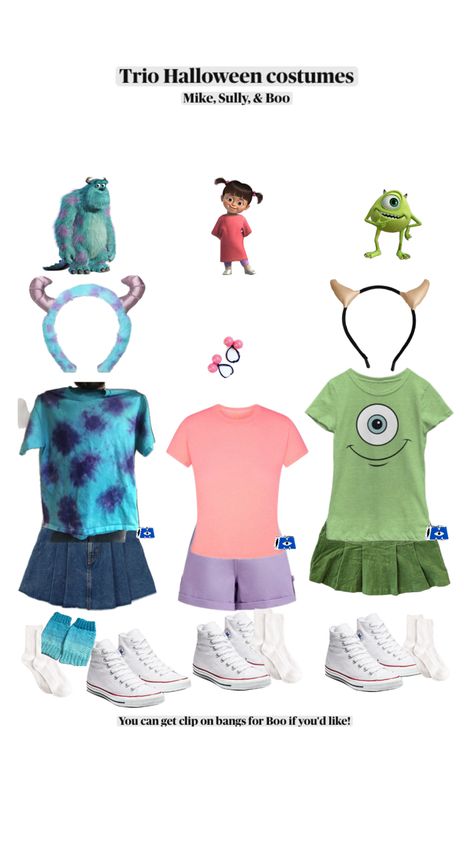 Mike Sully And Boo, Sully Halloween Costume, Sully And Boo, Fun Halloween Outfits, Trio Costumes, Cute Group Halloween Costumes, Matching Halloween Costumes, Classy Halloween Costumes, Halloween Costume Ideas For Women