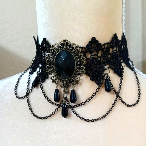 Gothic Black Lace Vintage Choker Necklace Black Onyx Jewelry Vintage, Midnight Jewelry, Vampire Accessories, Chunky Gold Chain Necklace, Black Lace Choker Necklace, Gothic Choker Necklace, Accessories Goth, Black Lace Choker, Lace Choker Necklace