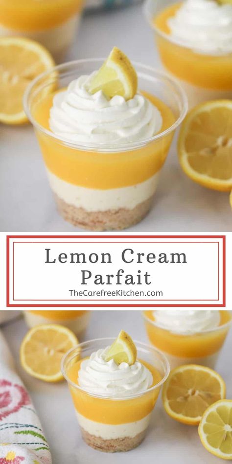 This easy Lemon Parfait recipe is a refreshing no bake dessert that’s full of bright flavors and fun textures.  It’s got a Nilla Wafer crust topped with layers of creamy lemon curd, tangy cheesecake filling, and fluffy homemade whipped cream. #thecarefreekitchen #lemon #dessert #parfait #lemonparfait #lemoncurd #nobake #cheesecake Lemon Cake Dessert Cups, Lemon Curd Cups, Lemon Pudding Cups, No Bake Lemon Cheesecake Cups, Lemon Parfait Cups, Lemon Curd Parfait, Mini Dessert Cups Recipes No Bake, Lemon And Cream Cheese Recipes, Lemon Themed Bridal Shower Desserts