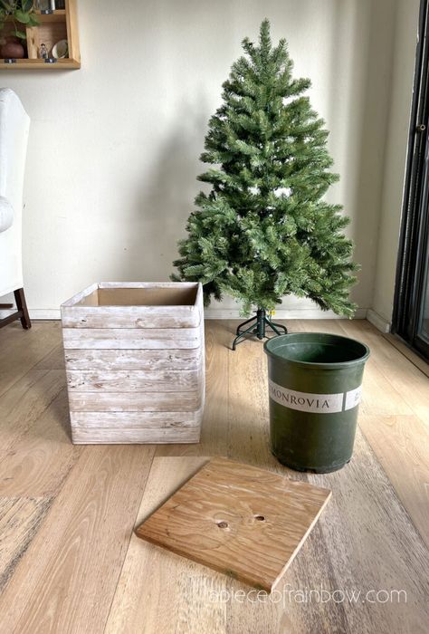 Diy Christmas Tree Base Ideas, Base For Artificial Christmas Tree, Small Christmas Tree In Planter, Christmas Tree Planter Boxes, Christmas Platform Ideas, Diy Christmas Tree Village Stand, How To Make A Christmas Tree Box Stand, Xmas Tree Holder, Box Tree Stand