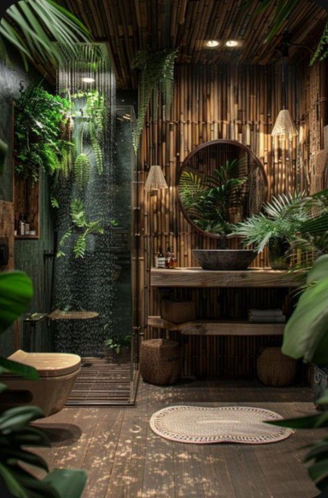 Home Interior Design Plants, Island Bathroom Decor, Jungle Shower Bathroom, Shower Wall Decor Ideas, Bamboo Inspired Bathroom, Rainforest Bathroom Decor, Different Bathroom Styles, Nature Inspired Bathroom Ideas, Living Wall Bathroom