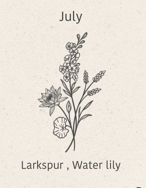 July Birth Flower Bouquet, Larkspur Flower Tattoos, Larkspur Tattoo, First Tattoo Ideas, Water Lily Tattoos, Pretty Flower Tattoos, Birth Flower Bouquet, July Birth Flower, Lily Flower Tattoos