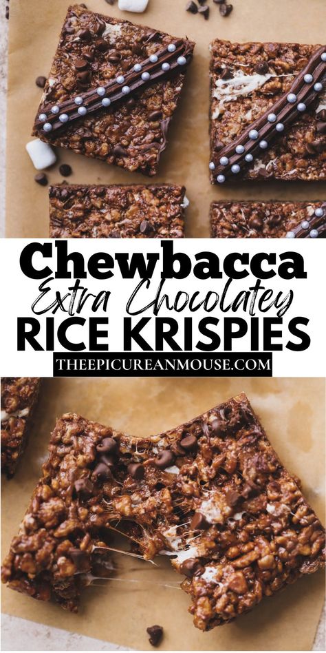 These "Chewie" chocolate Rice Krispie squares are extra gooey and so simple to make. They are made with delicious brown butter, dark chocolate and loads of mini marshmallows. They will satisfy any chocolate craving and are so much fun, especially if you are a big fan of Star Wars! Disney Dessert Recipes, Star Wars Dessert, Star Wars Snacks, Sweets Cupcakes, Chocolate Rice Krispies, Rice Krispie Squares, Star Wars Food, Disney Desserts, Disney Eats