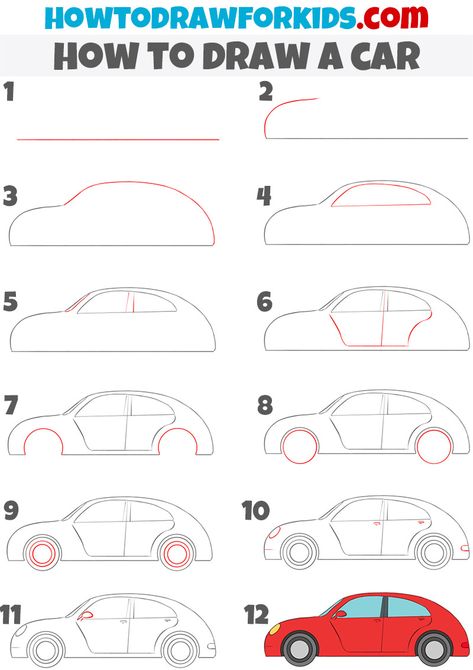 Easy Drawings Car, Step By Step Car Drawing, How To Draw Cars Step By Step, How To Draw A Car, Simple Car Drawing, Car Drawing Easy, Drawing Tutorials For Kids, Coloring Supplies, Drawing Tutorial Easy