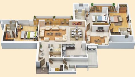 Four Bedroom House Plans, Square House Plans, 4 Bedroom House Designs, 3d Plan, 3d House Plans, House Plans Mansion, Best Modern House Design, Courtyard House Plans, House Construction Plan