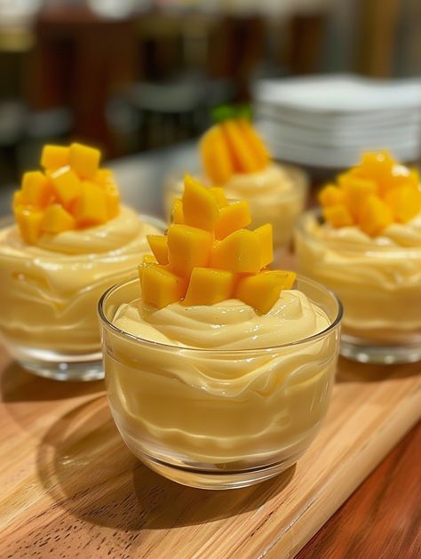 Mango Shake Aesthetic, Mango Ice Cream Aesthetic, Mango Dessert Aesthetic, Mango Mini Desserts, Mango Trifle Desserts, Desert Food Mango Float, Vegan Mango Mousse, Mango Desserts, Mango Pudding