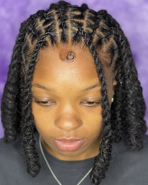 Cute Easy Dread Hairstyles, Picture Day Loc Styles, Retwist Locs Style Half Up Half Down, Cross Cross Loc Style, Rope Twist Microlocs, Loc Styles Women Medium, Locs Short Hairstyles For Women, Dreadlock Two Strand Twist Styles, Flat Barrel Twist Locs