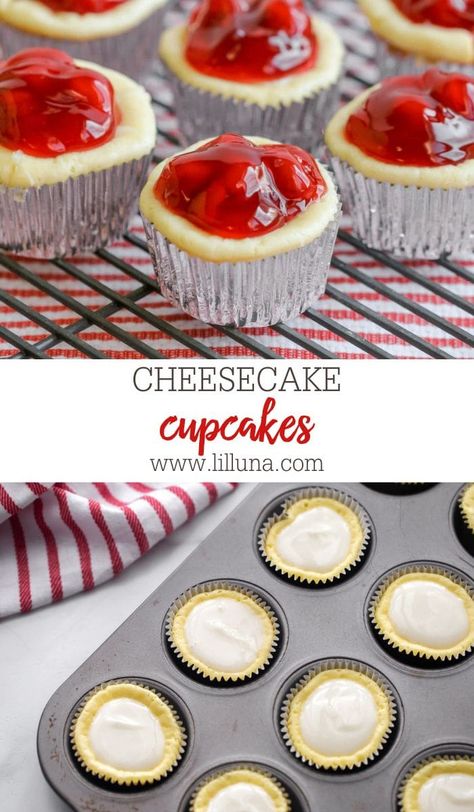 Cheesecake Cupcakes are a bite-sized cheesecake treat. Top with cherry pie filling, or any other topping you like! #cheesecakecupcakes #cheesecake #cherryrecipes #cupcakes #dessert Homemade Mini Cheesecake, Cupcake Pan Recipes, Perfect Cupcake Recipe, Cheesecake Cupcakes Recipe, Mini Cherry Cheesecakes, Homemade Cupcake Recipes, Cherry Cheesecake Recipe, Cupcake Decorating Tips, Yummy Deserts