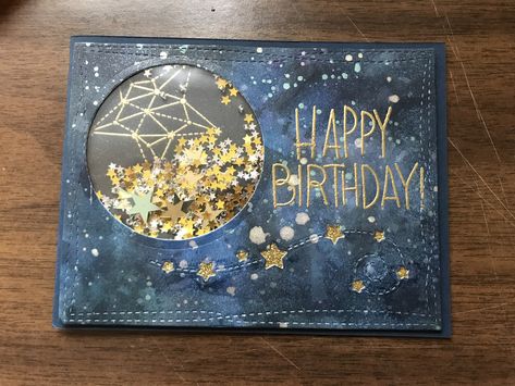 Birthday card. Shaker card. Galaxy. Space Themed Card Ideas, Star Birthday Cards, Space Themed Birthday Card, Galaxy Cards Ideas, Space Cards Ideas, Galaxy Birthday Party Ideas, Moon Birthday Card, Galaxy Scrapbook, Astronaut Card