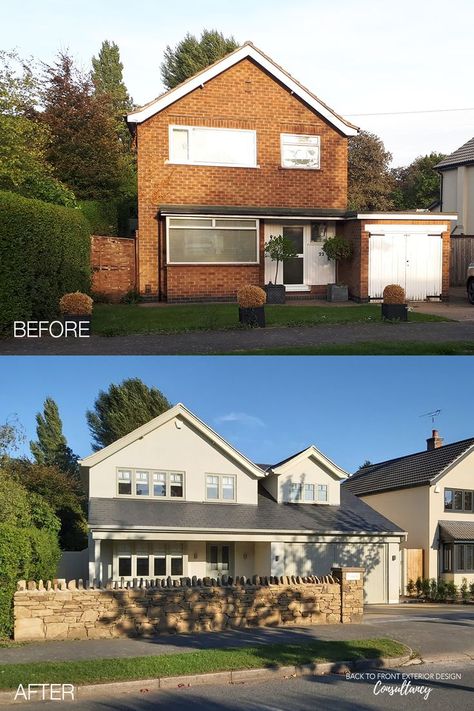 The exterior of this red brick house has been transformed with a rendered finish and natural slate roof, combined with a soft tonal colour scheme. New windows with an Edwardian feel complement perfectly the new statement front door. The porch has been extended over the garage which has also seen the addition of a double storey extension with gable window. Extension Over Garage Uk, 1970s House Extension, Uk House Exterior Makeover, Rendering House Exterior, Double Storey Front Extension, Part Rendered Part Brick House, Red Brick House Renovation, Coloured Windows Exterior, Coloured Rendered Houses