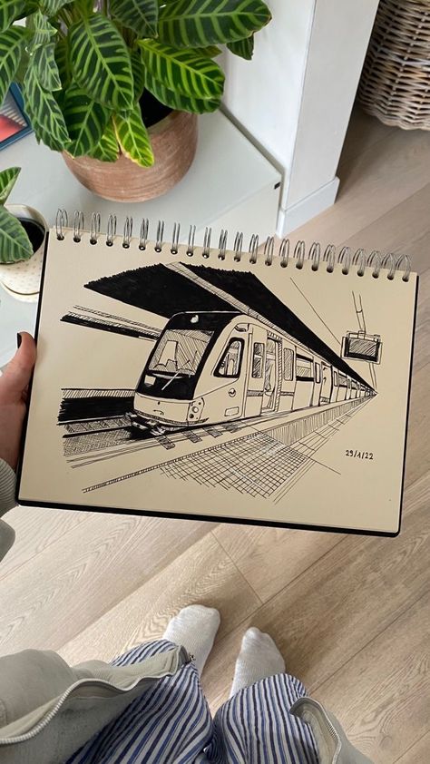 Perspective Art Drawing, Drawing Ideas Perspective, Bic Pen Drawing Sketches, Train Perspective Drawing, Perspective Art Painting, Drawing Book Sketchbooks, One Point Perspective Painting, 3 Perspective Drawing, How To Draw Fisheye Perspective