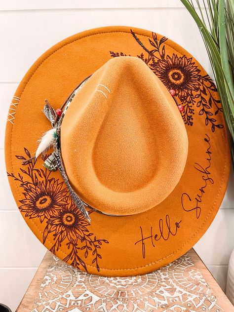 Leave Her Wild Floral Burned Hat, Floral Engraved Cowboy Hat, Sunflower Hat, Sunflower Burned Fedora, Engraved Felt Hat, Boho Hat - Etsy Hand Burned Hats, Wood Burned Hats, Pyrography Hats, Felt Hat Burning Designs, Diy Leather Hat, Burning Hats, Burnt Hat, Womens Western Hats, Cowboy Hat Design