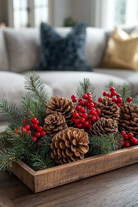 Christmas Furniture Ideas, Decor For Tables In Living Room, Simple Christmas Decorations Ideas, Diy Table Decor Christmas, Christmas Decoration Living Room Ideas, Christmas Ideas For Coffee Table, House Decorating Ideas For Christmas, Christmas Decor On Table, Christmas Holiday Table Decor