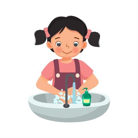 Cute Young Girl washing hands with antibacterial soap and running water under faucet at the sink as prevention against Virus and Infection and personal hygiene Personal Hygiene Activities, Sink Drawing, Kids Hygiene, Social Media Icons Vector, Classroom Interior, Baby Room Themes, Chinese Language Learning, Washing Hands, Water Drawing