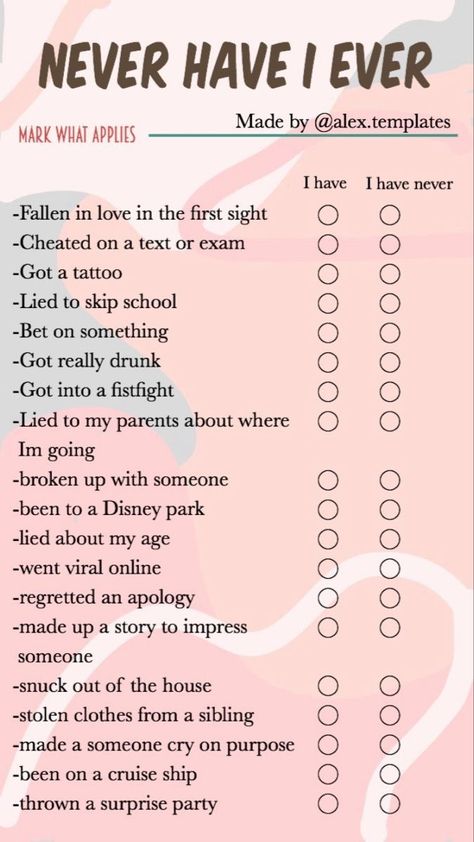 Never Have I Ever Template, Insta Games, Fast Talk, Fun Games For Teenagers, Never Have I Ever Questions, Funny Truth Or Dare, Fun Sleepover Activities, Teen Sleepover Ideas, Diy Bachelorette