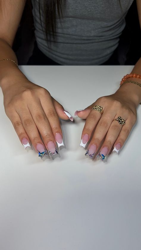 Bling Frenchies, Bling French Tip, Nail Long, Birthday Nail, Henna Inspired Tattoos, Baby Blue Nails, Edgy Nails, Colored Acrylic Nails, Girly Acrylic Nails