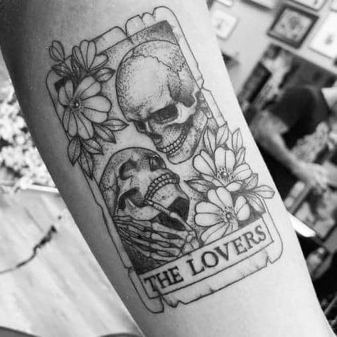 The Lover Tarot, Skull Couple Tattoo, Emo Tattoos, Tarot Tattoo, Tarot Card Tattoo, Card Tattoo Designs, Gemini Tattoo, Skeleton Tattoos, Tattoos For Lovers