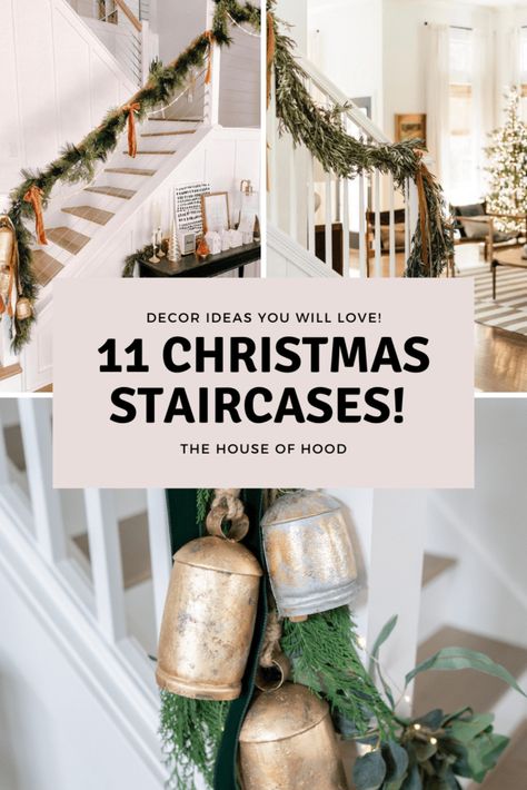 We're sharing Christmas staircase decor ideas over on our blog that you will love! These are easy to recreate and won't break your budget. Head over to our blog for more details and links to everything seen here! Simple Christmas Decor For Stairs, Staircase Ideas Christmas, Simple Christmas Banister, Farmhouse Christmas Banister, Christmas Decor For Staircase Railings, Farmhouse Christmas Staircase, Stair Case Christmas Ideas, Christmas Stairway Swag, Stair Railing Holiday Decor