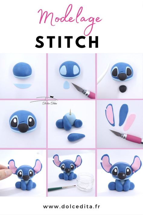 Stitch Clay Art, Stitch Fondant Cake, Easy Modeling Clay Ideas Simple, Fondant Stitch, Lilo And Stitch Diy, Stitch Torte, Stitch Polymer Clay, Fimo Clay Ideas, Stitch Cake Ideas