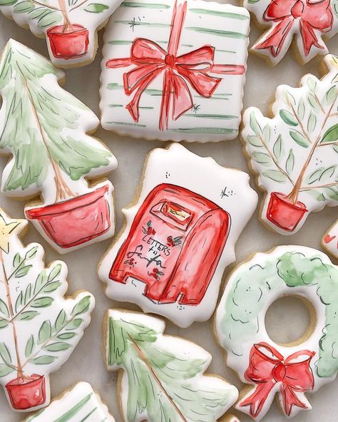 Watercolor Christmas Cookies Royal Icing, Watercolor Painted Christmas Cookies, Painted Sugar Cookies Christmas, Painted Christmas Cookies, Watercolor Christmas Cookies, Color Cookies, 2024 Cookies, Painted Sugar Cookies, Cookie Gift Boxes