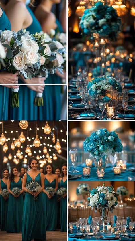 Elegant teal wedding decor featuring teal bridesmaid dresses, table settings, and floral arrangements for a stunning celebration. Teal Wedding Dresses Bridesmaid, Teal And Burlap Wedding, Teal Wedding Mood Board, Teal Reception Decor, Teal And Blue Wedding Colors, Teal And Light Blue Wedding, Teal And Gold Bridesmaid Dresses, Best Wedding Themes Color Schemes, Peacock Blue Wedding Theme