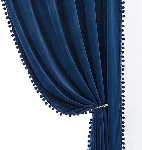 White Velvet Curtains, Grey Velvet Curtains, Blue Velvet Curtains, Pom Pom Curtains, Navy Blue Curtains, Velvet Room, Blue Window, Luxury Room, Velvet Drapes