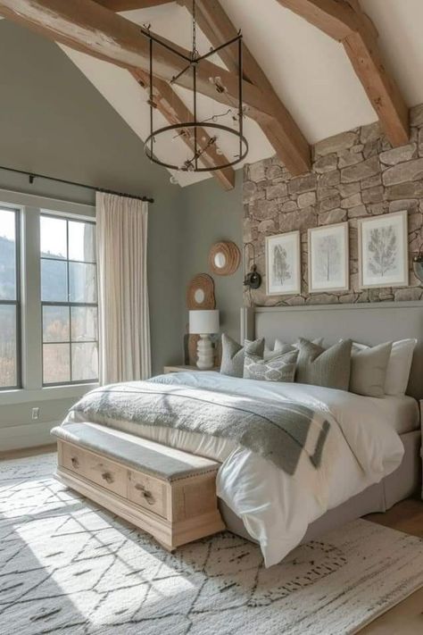 Country Modern Bedroom Ideas, Masterbedroom Bedroom Designs, Country House Interior Bedroom, Rustic Modern Farmhouse Bedroom, Barndominium Ideas Interiors Bedroom, Barndo Bedroom Ideas, Modern Country Home Bedroom, Pine Accent Wall Bedroom, Mountain House Interior Bedroom