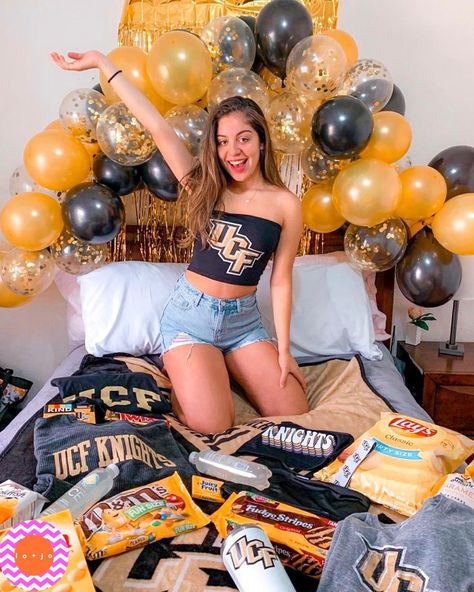 lo + jo college apparel™ on Instagram: “UCF Bed Party Essentials” College Choice Reveal Ideas, Ucf Bed Party, College Commitment Pictures Bed, College Decision Bed, College Acceptance Announcement, College Announcement Ideas, College Acceptance Pictures, College Decision Pictures, College Decision Reveal