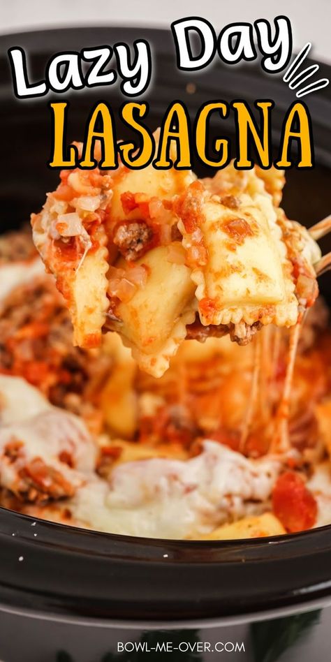 Crockpot Lasagna With Ravioli, Lazy Day Crock Pot Lasagna Recipe, Lasagna With Ravioli, Lazy Day Lasagna, Lasagna Crockpot, Lazy Crock Pot Lasagna, Crockpot Potluck, Easy Crockpot Lasagna Recipe, Crockpot Lasagna Easy