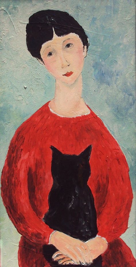 'girl, red dress, black cat' by amedeo modigliani Modigliani Portraits, Modigliani Art, Amedeo Modigliani, Italian Painters, Wallpaper Cave, Naive Art, Wallpapers Hd, Cat Painting, Funny Art