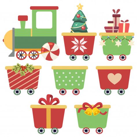 Collection of cute train with wagons Pre... | Free Vector #Freepik #freevector #freechristmas #freechristmas-tree #freetree #freewinter Christmas Train Drawing, Christmas Train Illustration, Winter Train, Train Template, Train Illustration, Train Drawing, Train Decor, Holiday Train, New Year Postcard