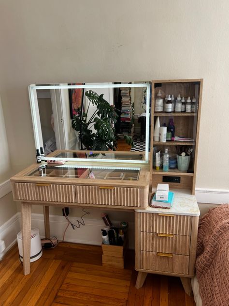 Amazon.com: T4TREAM Makeup Vanity Desk with Large Mirror and Lights, Fluted 48" Glass Top Vanity Table with 5 Drawers & Adjustable Shelves, Dressing Table Set with Charging Station for Bedroom, Solid White : Home & Kitchen Boho Chic Makeup Table, Makeup Vanity Next To Shower Wall, Handmade Makeup Desk, Large Makeup Storage, Modern Boho Vanity, Makeup Desk In Bathroom, Make Up Vanity Desk, Diy Vanity With Mirror, Amazon Makeup Vanity