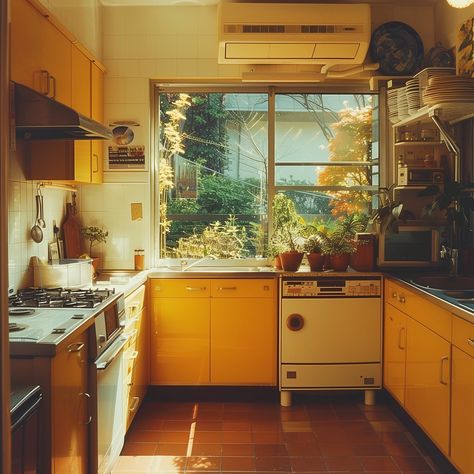 Step into this delightful 1960s Tokyo kitchen in a small modernist house. Bathed in warm yellow hues and sunlight, it’s cozy and inviting. Perfect for vintage and minimalist design lovers 🪴💕 #1960shouse #tokyoarchitecture #suburbia #yellowinterior #architecturephotography #yellowaesthetic 60 Kitchen Retro, 70s Tiles Kitchen, 70s Interior Design Kitchen, 70s Kitchen Aesthetic, 70s Home Aesthetic, 70s Aesthetic Home Decor, Retro Home Design, 70’s Interior Design, Retro Kitchen Ideas