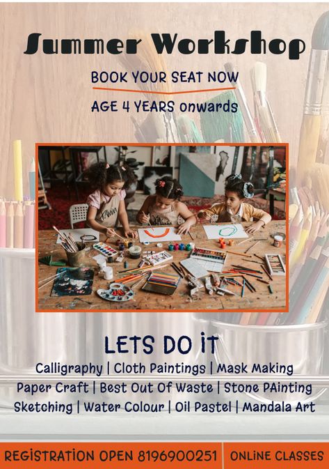 summer camp , kids , art, craft ,colours Class Poster Design, Art Class Posters, Camping Activites For Kids, Summer Workshop, Summer Camp Art, Summer Camp Activities, Class Poster, Kids Workshop, Summer Classes