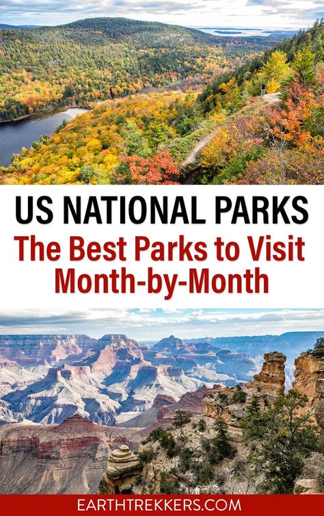 Best US National Parks to visit month by month. This guide covers every US national park and the best months to visit, based on weather, road closures, and crowd levels. It's the ultimate guide to picking out your next national park destinations. National Park Tour Road Trips, Map Of National Parks In Us, National Park Trips, National Parks Aesthetic, Earth Trekkers, Us National Parks Map, All National Parks, National Parks Road Trip, National Park Map