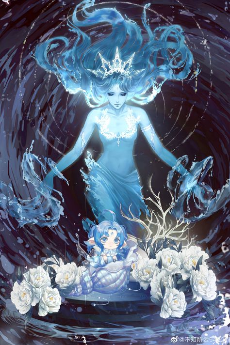 Water Goddess Drawing, Glowing Hair Drawing, Water Elemental Art, Water Queen Art, Water God Character Design, Water Hair Art, Merfolk Oc, Water Elemental Female, Water Druid