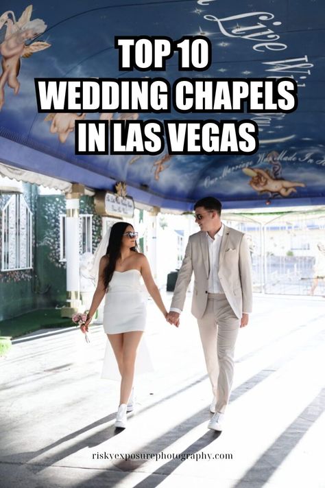 Discover the top 10 wedding chapels in Las Vegas for your elopement or wedding ceremony! This blog goes over the best venues along with important details about outside photography! If your Las Vegas elopement photos are top priority, then make sure to check out my recommended venues on the blog and book me as your Las Vegas elopement photographer at riskyexposurephotography.com! Las Vegas Renewal Of Vows, Las Vegas Vow Renewal Ideas, Micro Wedding Las Vegas, Bliss Wedding Chapel Las Vegas, Las Vages Weddings, Elopement In Vegas, Vegas Before Vows, Classy Vegas Wedding, Vintage Vegas Wedding Aesthetic