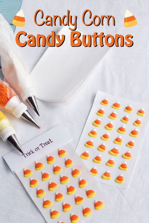 Did you ever eat candy buttons when you were a kid? They were amoung my favoite Halloween treat. Follow this DIY to make candy corn candy buttons this year. Christmas Sweets Recipes, Halloween Sugar Cookies Decorated, Royal Icing Templates, Candy Corn Cookies, Icing Transfers, Candy Corn Decorations, Cookie Decorations, Royal Icing Flowers, Halloween Cookies Decorated