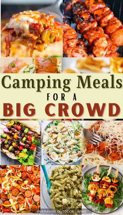 Don't let feeding a crowd during your next camping trip stress you out. These easy camping meals will make everyone happy and keep you from spending all day in the kitchen. Check them out! Camping Food Large Group, Essen, Camping Dinner For A Crowd, Camp Meals For Large Groups, Camp Food For Large Groups, Make Ahead Camping Food Dinners, Camp Dinners For A Crowd, Camping Dinners For A Crowd, Camping Meals Easy Make Ahead