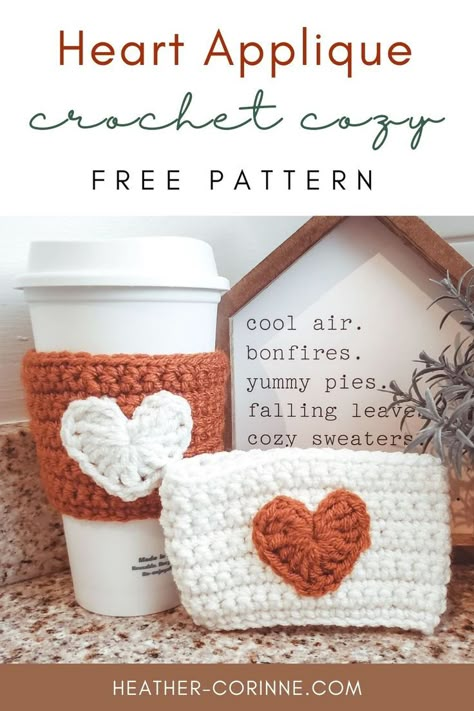 The Crochet Heart Applique Cozy is a free pattern here on my blog! This beginner friendly coffee cozy uses basic stitches and looks great in any holiday colors! Keep scrolling for the free pattern and video tutorial. Crochet Heart Applique, Cup Cozy Crochet Pattern, Crochet Mug Cozy, Crochet Coffee Cozy, Crochet Cup Cozy, Heart Applique, Cozy Crochet Patterns, Crochet Cozy, Valentines Crochet