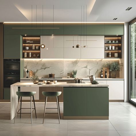 30 Gorgeous Two tone kitchen cabinets you need to see Small Kitchen Storage Hacks, Kitchen Cabinets Color Combination, Green Kitchen Designs, Latest Kitchen Designs, Kitchen Storage Hacks, Organize Your Kitchen, Green Kitchen Cabinets, Small Kitchen Storage, Dream Kitchens Design