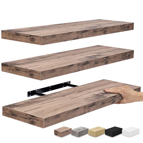 PRICES MAY VARY. 24 Inch Mahogany Floating Shelves for Wall (Set of 3): Display charming showpieces, trophies, photo frames, decorative items, and other prized possessions while offering functional storage with the wooden floating shelves by Sorbus - Enhance home decor, bathroom decor, living room decor - Fill in empty wall space above a desk, fireplace, entryway, vanity, between windows - Each floating shelf measures approximately 23.75" L X 9.25" W Free Up Space in Your Home & Kitchen: Reduce Bathroom Storage Over Toilet, Bathroom Shelves Over Toilet, Shelves For Wall, Floating Shelves Bathroom, Unique Shelves, Wooden Floating Shelves, Rustic Floating Shelves, Bathroom Decor Sets, Wall Shelf Decor