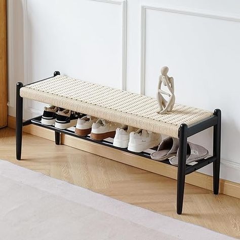 Amazon.com: XINNAN Solid Wood Entryway Bench with Shoe Storage, Rustic Oak Wood and Woven Design 45 Inch Long Seating for Living and Dining Rooms,Black : Home & Kitchen Entryway Bench With Shoe Storage, Small Entryway Bench, Wood Entryway Bench, Wood Entryway, Wood Shoe Storage, Black Dining Room, Entryway Storage, Small Entryway, Bench With Shoe Storage