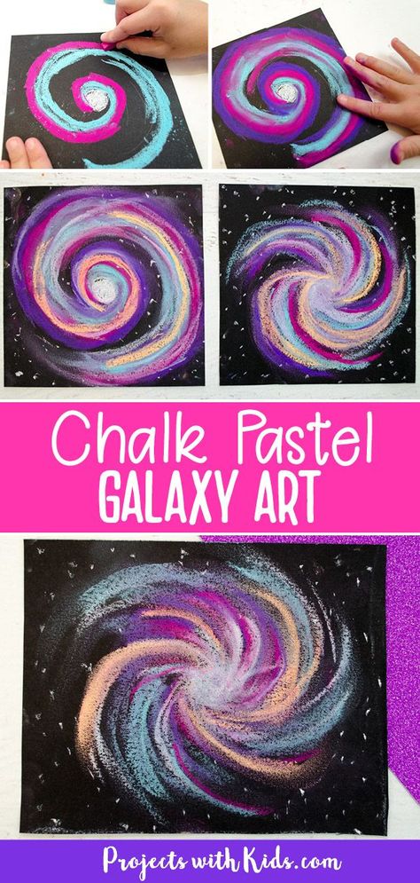 Galaxy art project using chalk pastels on black paper. Chalk Pastel Elementary Art, Elementary Crafts, Astronomy Club, Galaxy Crafts, Pastel Techniques, Salt Art, School Age Activities, Chalk Pastel Art, Pastel Galaxy