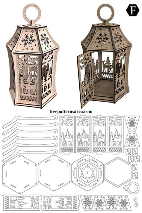 Festive DIY: Laser Cut Wooden Lantern Pattern for Christmas Diy Wood Decor, Lézervágott Fa, Lantern Pattern, Lantern Template, 3d Templates, Wooden Lantern, Diy Laser Cut, Laser Cut Decor, Laser Cut Wood Crafts