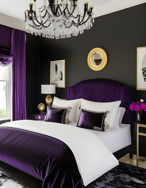 AI generated fantasy art of a luxe purple and black bedroom. Black And Purple Bedroom, White And Purple Bedroom, Purple And Gold Bedroom, Tattoo Modern, Purple Bedroom Decor, Velvet Bedroom, Colorful Bedroom Decor, Downstairs Bedroom, Silver Bedroom