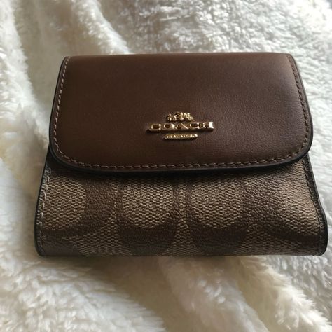 Coach Small Wallet 4x4 1/4. Brown and Signature Canvas Brown Wallet Aesthetic, Coach Wallet Aesthetic, Wallets For Women Aesthetic, Wallets Aesthetic, Aesthetic Wallet, Wallet Aesthetic, Golden Brunette, Nice Accessories, What's In My Purse