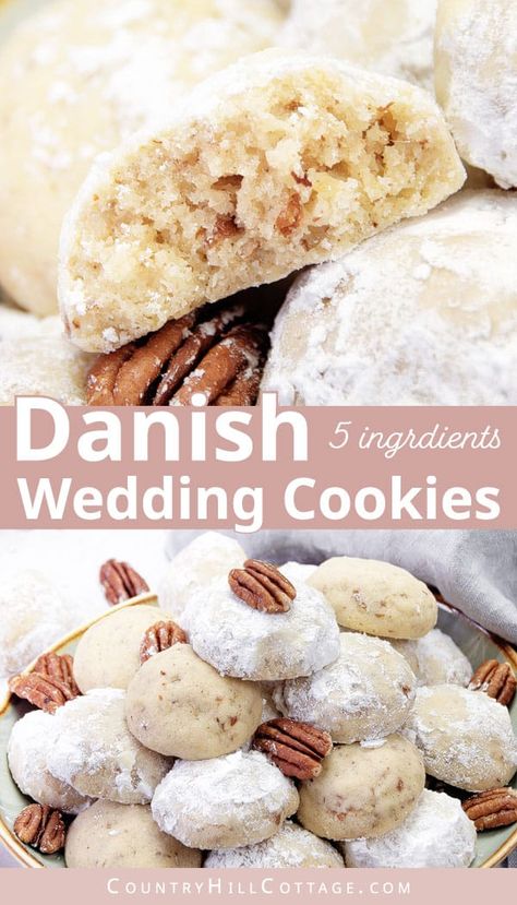 See how to make the best homemade Danish wedding cookies! They have super tender, melt-in-your-mouth texture and make a delicious addition to any holiday cookie plate. Similar to Mexican wedding cookies, Russian tea cake or snowballs Christmas cookies, the easy cookie recipe is made with 5 ingredients and decorated with powdered sugar. Includes a Keebler copycat recipe with chocolate chips, tips for gluten free cookies and variations with walnuts, pecans, and almonds. | CountryHillCottage.com Danish Wedding Cookies, Krumkake Recipe, Homemade Danish, Recipe With Chocolate Chips, Danish Wedding, Snowball Christmas Cookies, Powdered Sugar Cookies, Wedding Cookies Recipe, Danish Cookies